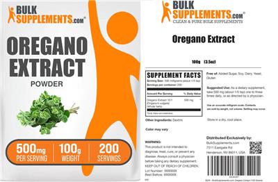 Photo of the BulkSupplements.com Oregano Extract Powder 500 mg label