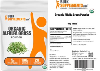 Photo of the BulkSupplements.com Organic Alfalfa Grass Powder 5 g label