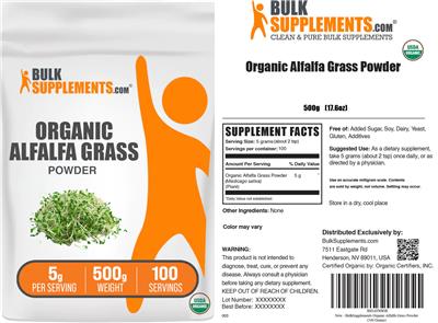 Photo of the BulkSupplements.com Organic Alfalfa Powder label