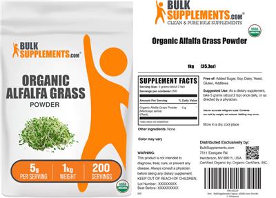 Photo of the BulkSupplements.com Organic Alfalfa Grass Powder 5 g label