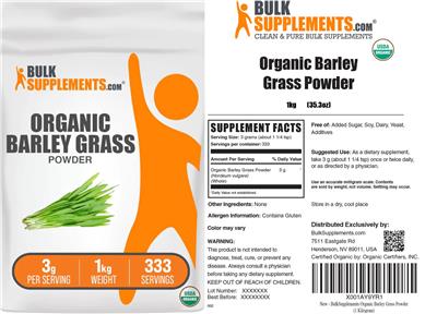 Photo of the BulkSupplements.com Organic Barley Grass Powder 3 g label