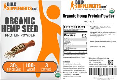 Photo of the BulkSupplements.com Organic Hemp Seed Protein Powder 30 g label