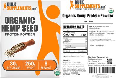 Photo of the BulkSupplements.com Organic Hemp Seed Protein Powder 30 g label