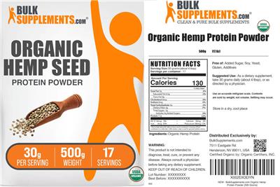 Photo of the BulkSupplements.com Organic Hemp Seed Protein Powder 30 g label