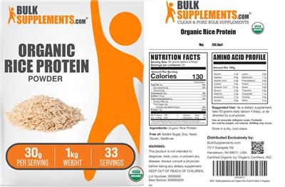 Photo of the BulkSupplements.com Organic Rice Protein Powder 30 g label