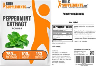 Photo of the BulkSupplements.com Peppermint Extract Powder 750 mg label