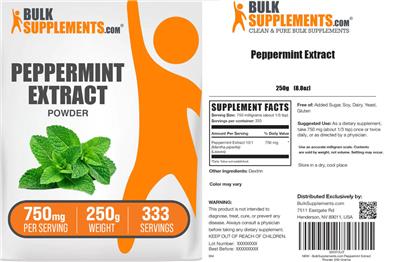 Photo of the BulkSupplements.com Peppermint Extract Powder 750 mg label