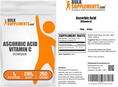 Photo of the BulkSupplements.com Ascorbic Acid Vitamin C Powder 1 g label