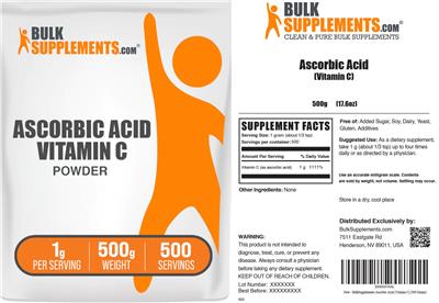 Photo of the BulkSupplements.com Ascorbic Acid Vitamin C Powder 1 g label