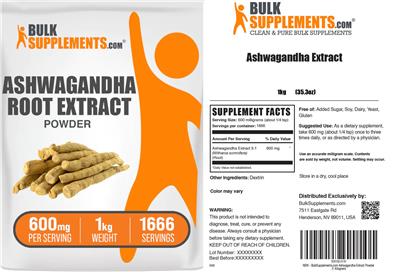 Photo of the BulkSupplements.com Ashwagandha Root Extract Powder 600 mg label