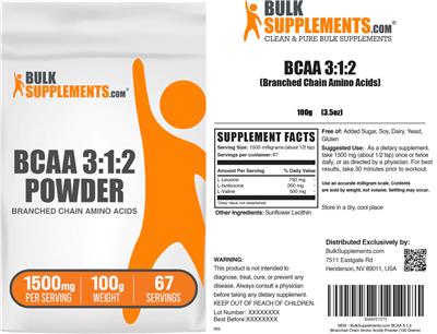 Photo of the BulkSupplements.com BCAA 3:1:2 Powder 1500 mg label