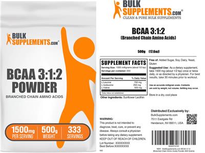 Photo of the BulkSupplements.com BCAA 3:1:2 Powder 1500 mg label
