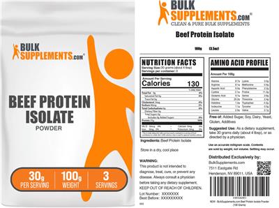 Photo of the BulkSupplements.com Beef Protein Isolate Powder 30 g label