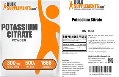 Photo of the BulkSupplements.com Potassium Citrate Powder 300 mg label