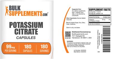 Photo of the BulkSupplements.com Potassium Citrate 99 mg Capsules label