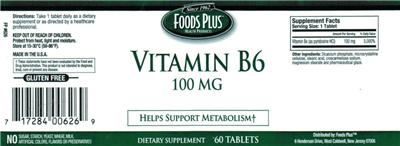 Photo of the Foods Plus Vitamin B6 100 mg label