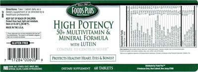 Photo of the Foods Plus High Potency 50+ Multivitamin & Mineral Formula with Lutein label
