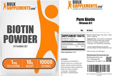Photo of the BulkSupplements.com Pure Biotin Powder 1 mg label