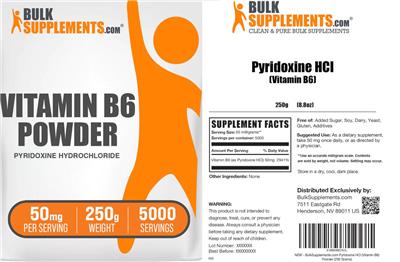 Product label for Pyridoxine HCl (Vitamin B6) Powder 50 mg