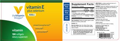 Photo of the The Vitamin Shoppe Vitamin E Plus Selenium 400 IU label