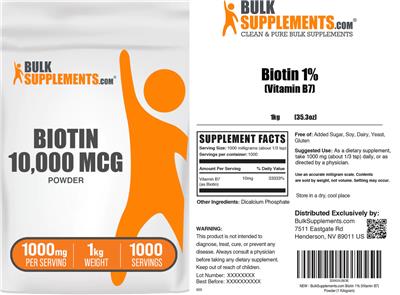 Photo of the BulkSupplements.com Biotin 10,000 mcg Powder label