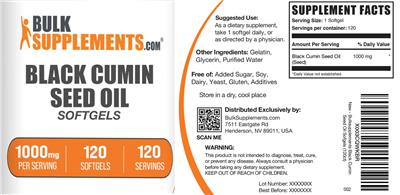 Photo of the BulkSupplements.com Black Cumin Seed Oil Softgels 1000 mg label