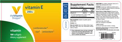 Photo of the The Vitamin Shoppe Vitamin E 200 IU label