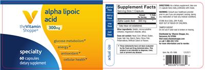 Photo of the The Vitamin Shoppe Alpha Lipoic Acid 300 mg label