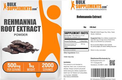 Photo of the BulkSupplements.com Rehmannia Root Extract Powder 500 mg label