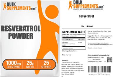 Photo of the BulkSupplements.com Resveratrol Powder 1000 mg label