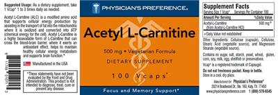 Photo of the Physician's Preference Acetyl L-Carnitine 500 mg label