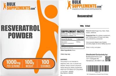 Photo of the BulkSupplements.com Resveratrol Powder 1000 mg label