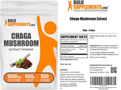 Photo of the BulkSupplements.com Chaga Mushroom Extract Powder 1000 mg label