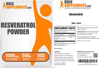 Photo of the BulkSupplements.com Resveratrol Powder 1000 mg label