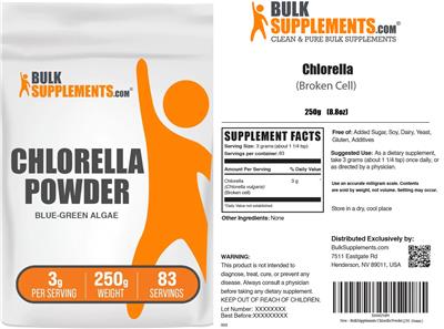 Photo of the BulkSupplements.com Chlorella Powder Blue-Green Algae 3 g label