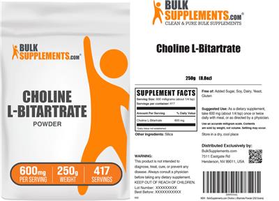 Photo of the BulkSupplements.com Choline L-Bitartrate Powder 600 mg label