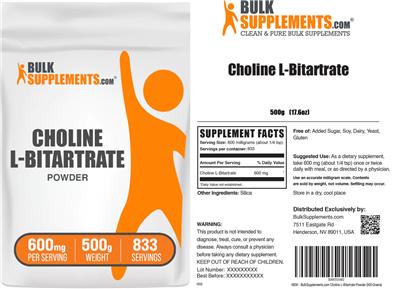 Photo of the BulkSupplements.com Choline L-Bitartrate Powder 600 mg label