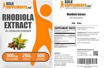 Photo of the BulkSupplements.com Rhodiola Extract 3% Rosavins Powder 500 mg label