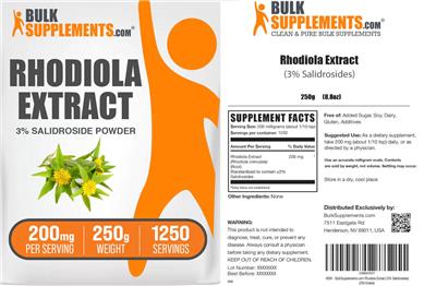 Photo of the BulkSupplements.com Rhodiola Extract 3% Salidroside Powder 200 mg label
