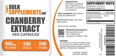 Photo of the BulkSupplements.com Cranberry Extract Veg Capsules 500 mg label