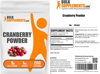 Photo of the BulkSupplements.com Cranberry Powder 5 g label