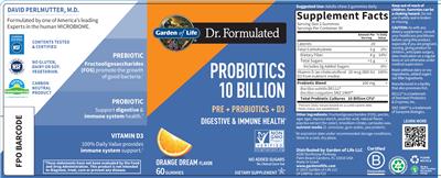 Product label for Probiotics 10 Billion Gummies Orange Dream Flavor