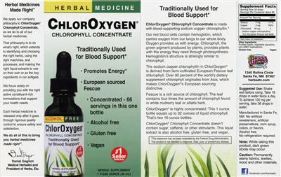 Product label for ChlorOxygen Chlorophyll Concentrate Alcohol Free