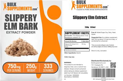 Photo of the BulkSupplements.com Slippery Elm Bark Extract Powder 750 mg label
