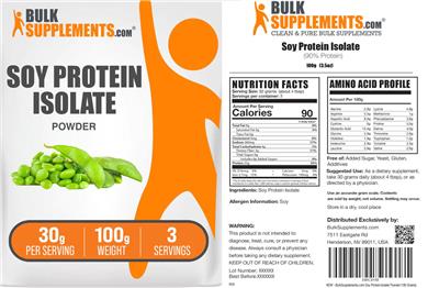 Photo of the BulkSupplements.com Soy Protein Isolate Powder 30 g label