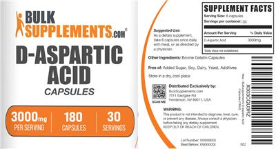 Product label for D-Aspartic Acid 3000mg Capsules