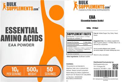 Photo of the BulkSupplements.com Essential Amino Acids EAA Powder 10 g label