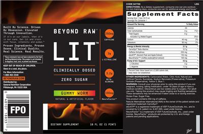 Photo of the GNC Beyond Raw LIT Gummy Worm Zero Sugar label