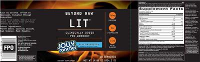 Photo of the GNC Beyond Raw LIT Jolly Rancher Blue Raspberry label