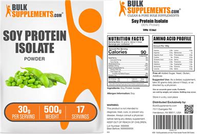 Photo of the BulkSupplements.com Soy Protein Isolate Powder 30 g label